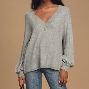 Lulus Personal Record Knit Balloon Sleeve Sweater Top, XL, in Heather Grey